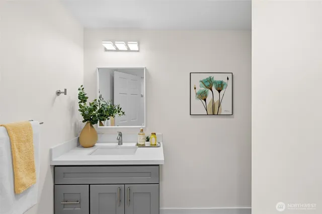 a bathroom with a sink a mirror and potted plant