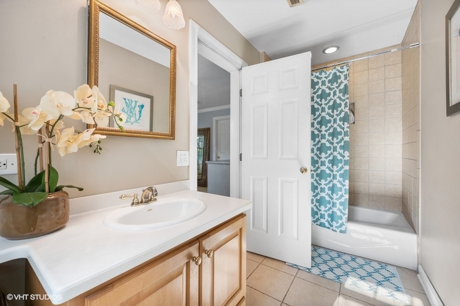 915 Golfview Road Glenview, IL 60025 - Photo 14 of 31 a bathroom with a sink a mirror and a shower
