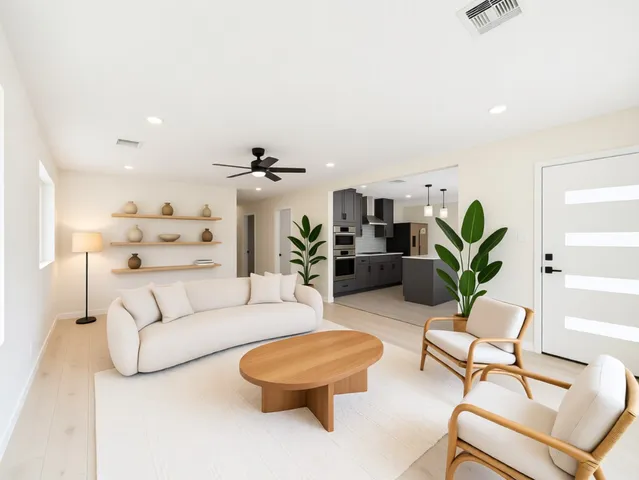 a living room with furniture potted plant and a lamp