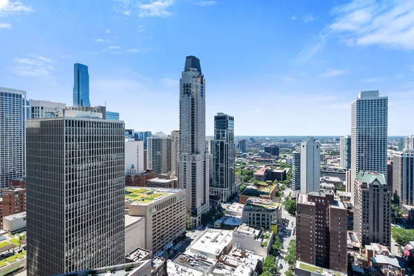 a city view with tall buildings