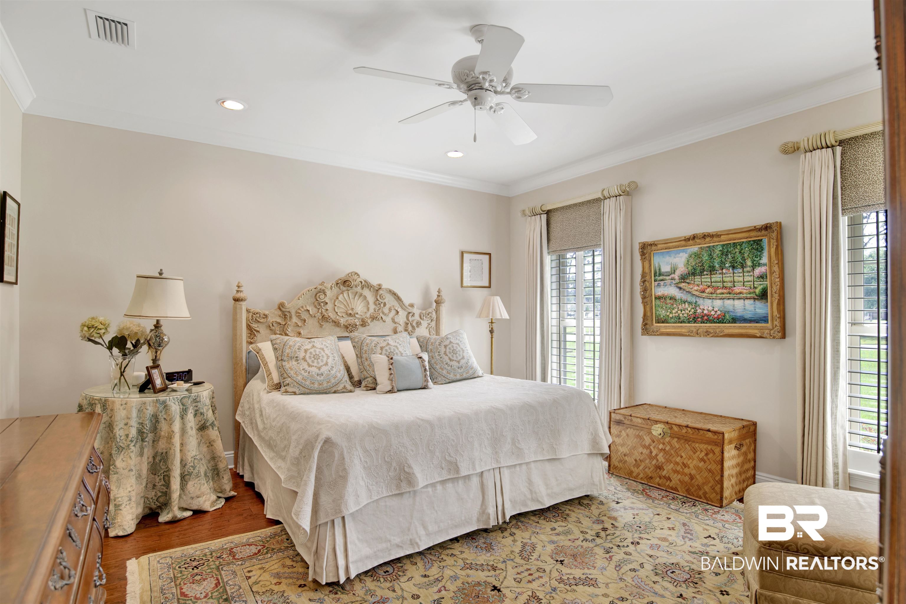 8358 Forest Lane Foley, AL 36535 - Photo 19 of 46 Bedroom with wood finished floors, crown molding, recessed lighting, and a ceiling fan