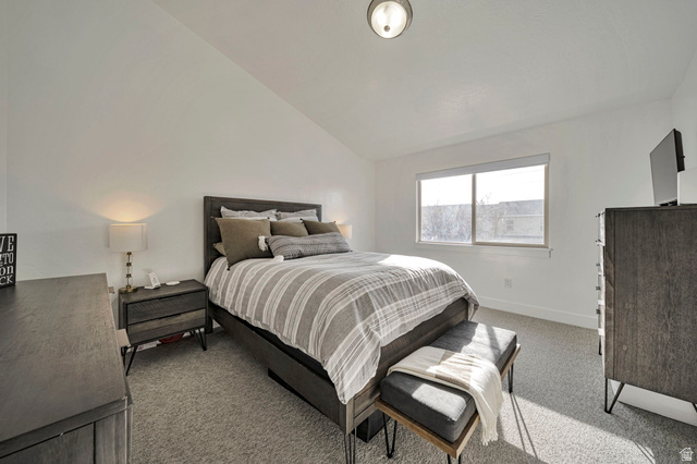 11730 South Shadow Lane Draper, UT 84020 - Photo 13 of 24 Bedroom featuring lofted ceiling and light carpet