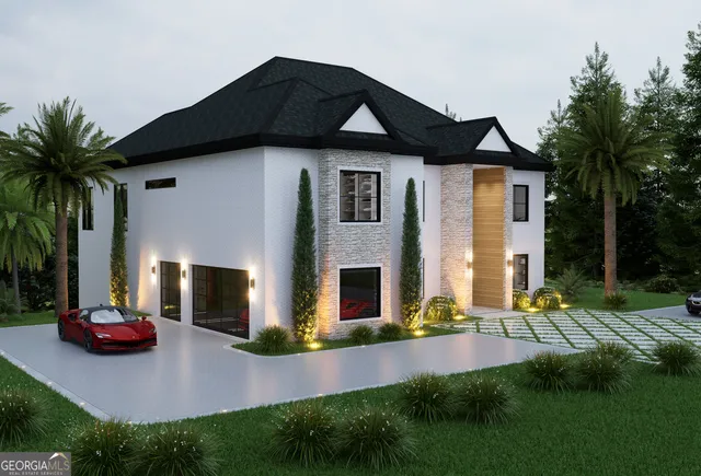 a front view of house with yard and green space