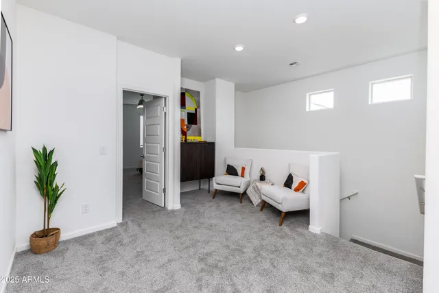 a living room with furniture and a potted plant
