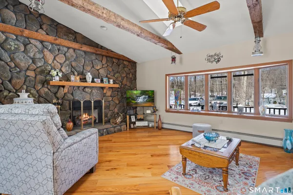 a view of a dining room with furniture