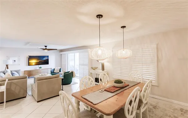 a view of a dining room with furniture