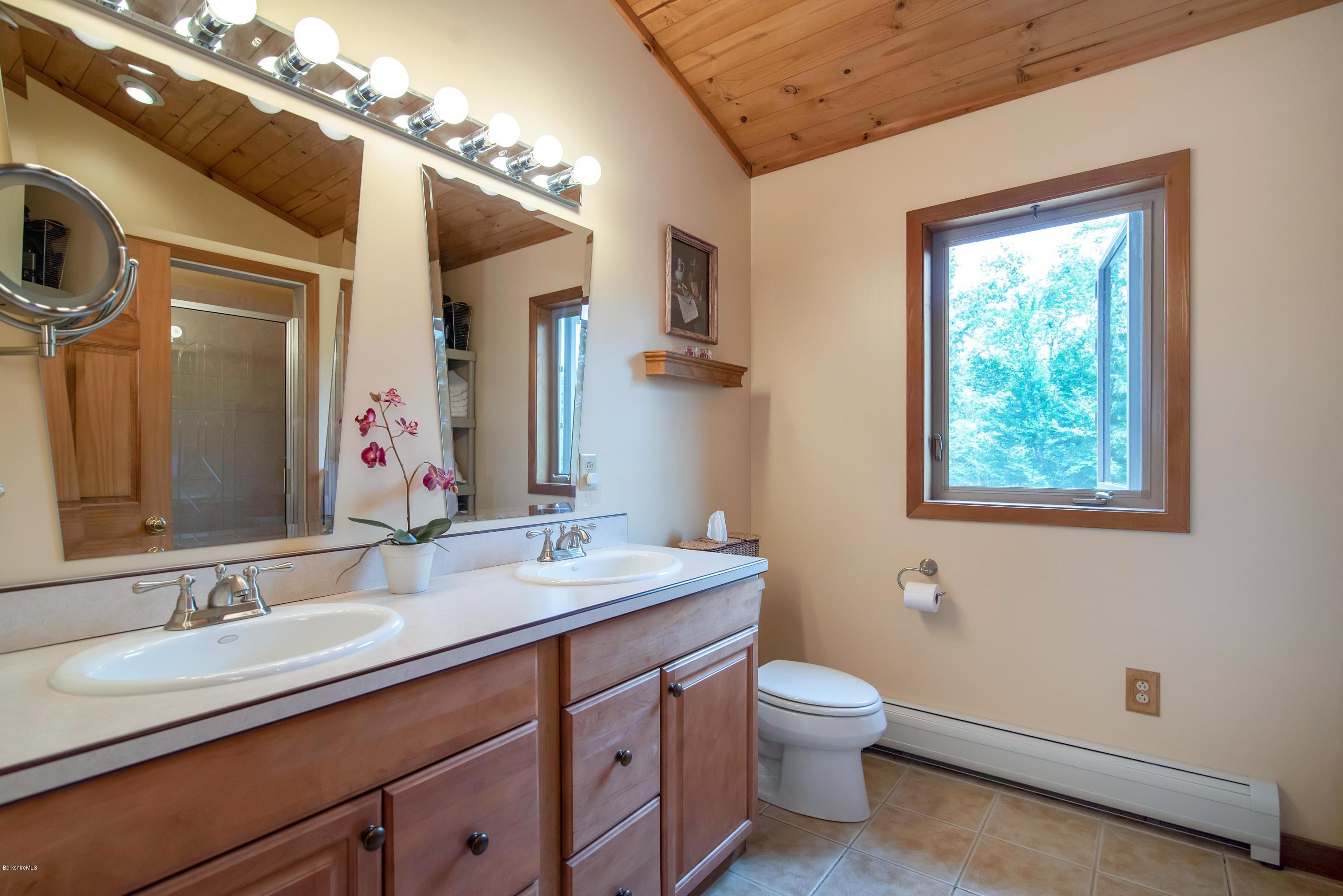 106 Dimmock Road Otis, MA 01253 - Photo 23 of 42 a bathroom with a granite countertop sink a toilet and a mirror