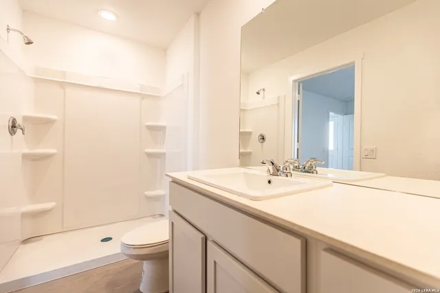 a bathroom with a sink a toilet a mirror and shower