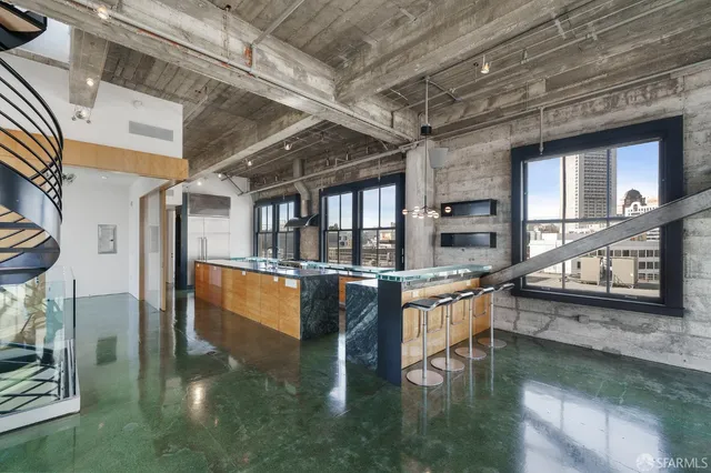 a view of a living room and bathroom