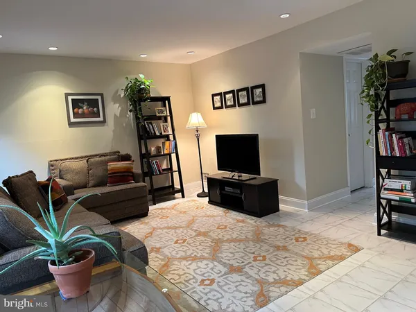a living room with furniture a bookshelf and a potted plant