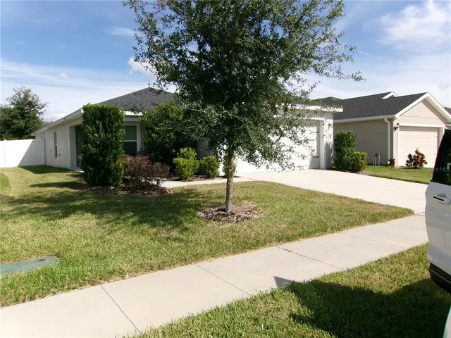a view of a house with backyard and tree