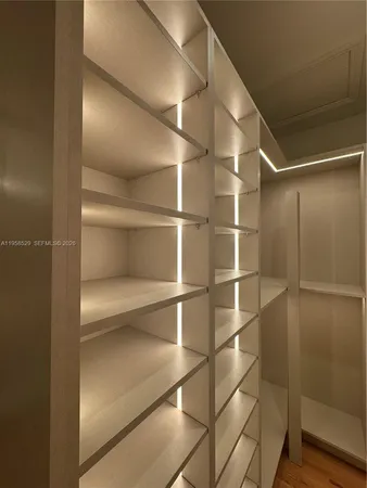 a room with walk in closet and empty racks