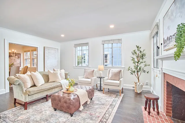 a living room with furniture a fireplace and a potted plant