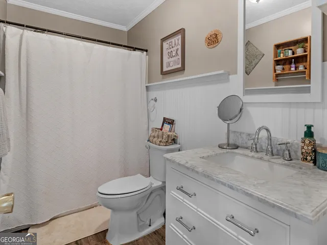 a bathroom with a granite countertop toilet sink and mirror