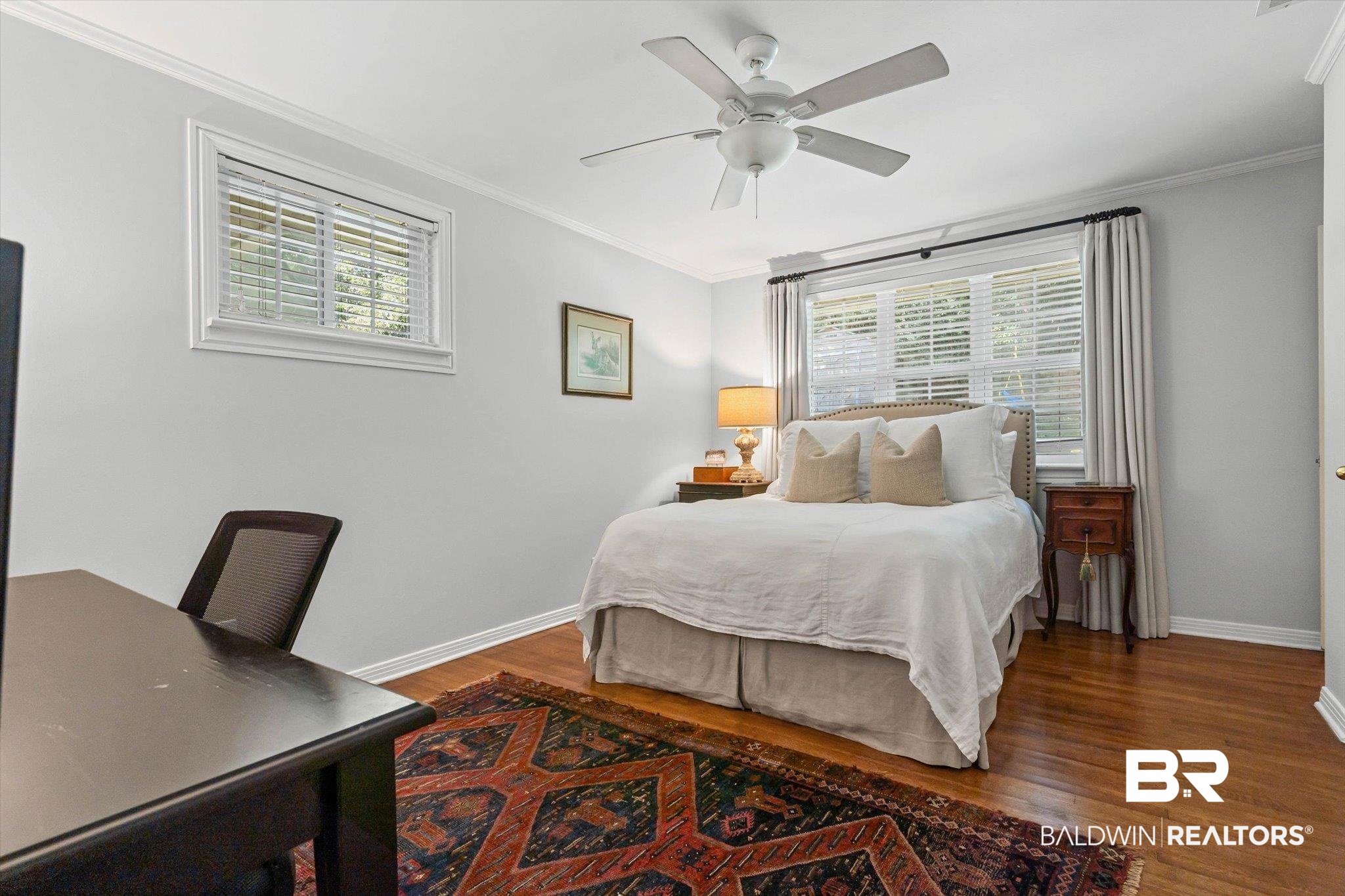 313 Brawood Drive Mobile, AL 36608 - Photo 18 of 32 Bedroom with crown molding, dark wood-type flooring, and ceiling fan