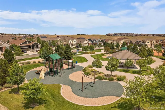 an aerial view of a swimming pool