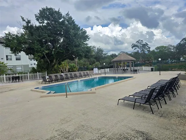 a view of a swimming pool with lawn chairs and couches