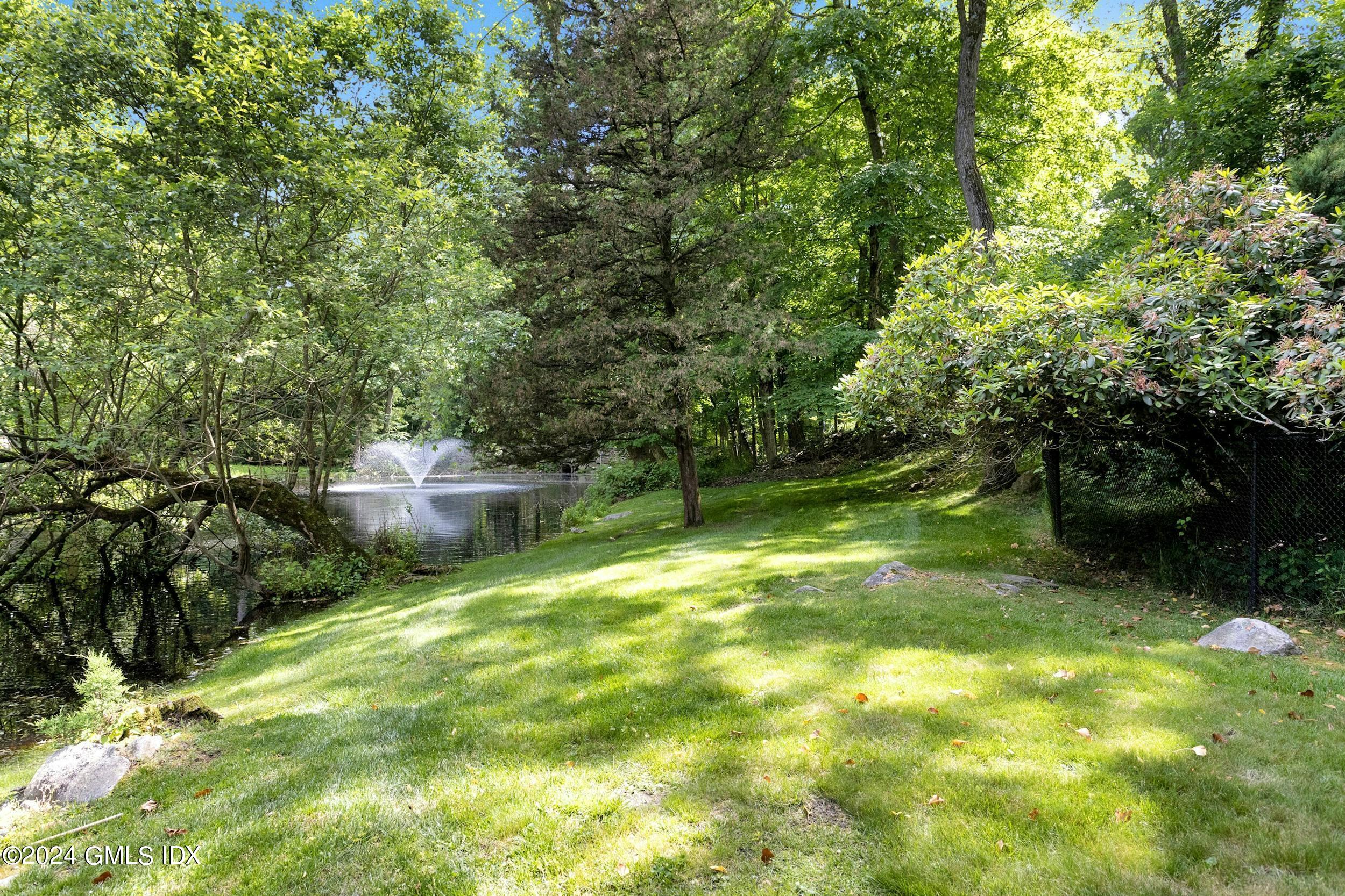 12 Guinea Road Greenwich, CT 06830 - Photo 35 of 38 a backyard of a house with lots of green space and fountain