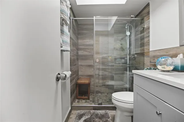 a bathroom with a shower and a toilet