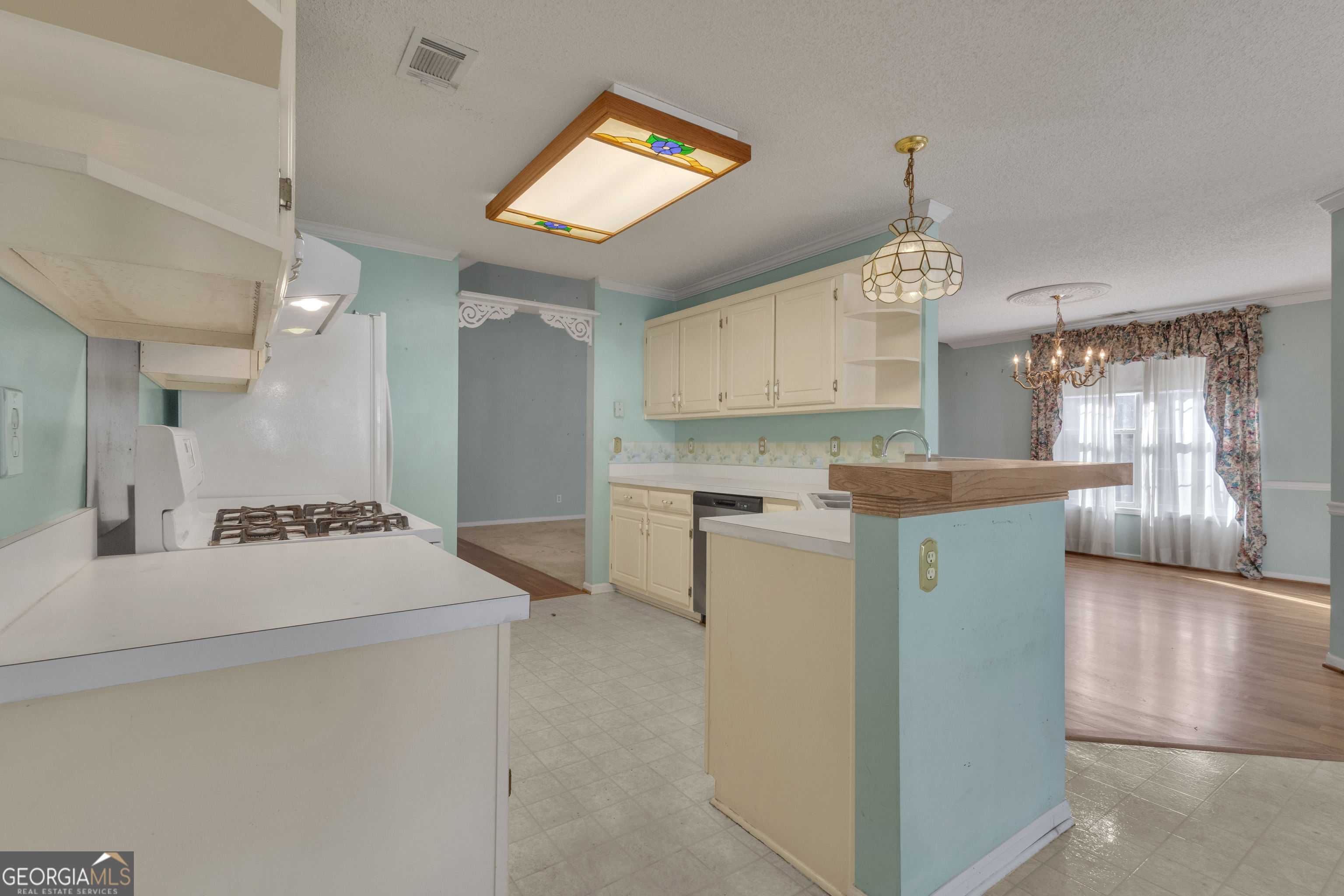 165 Masters Drive Newnan, GA 30265 - Photo 16 of 63 a kitchen with kitchen island a stove a sink dishwasher and a refrigerator with wooden floor