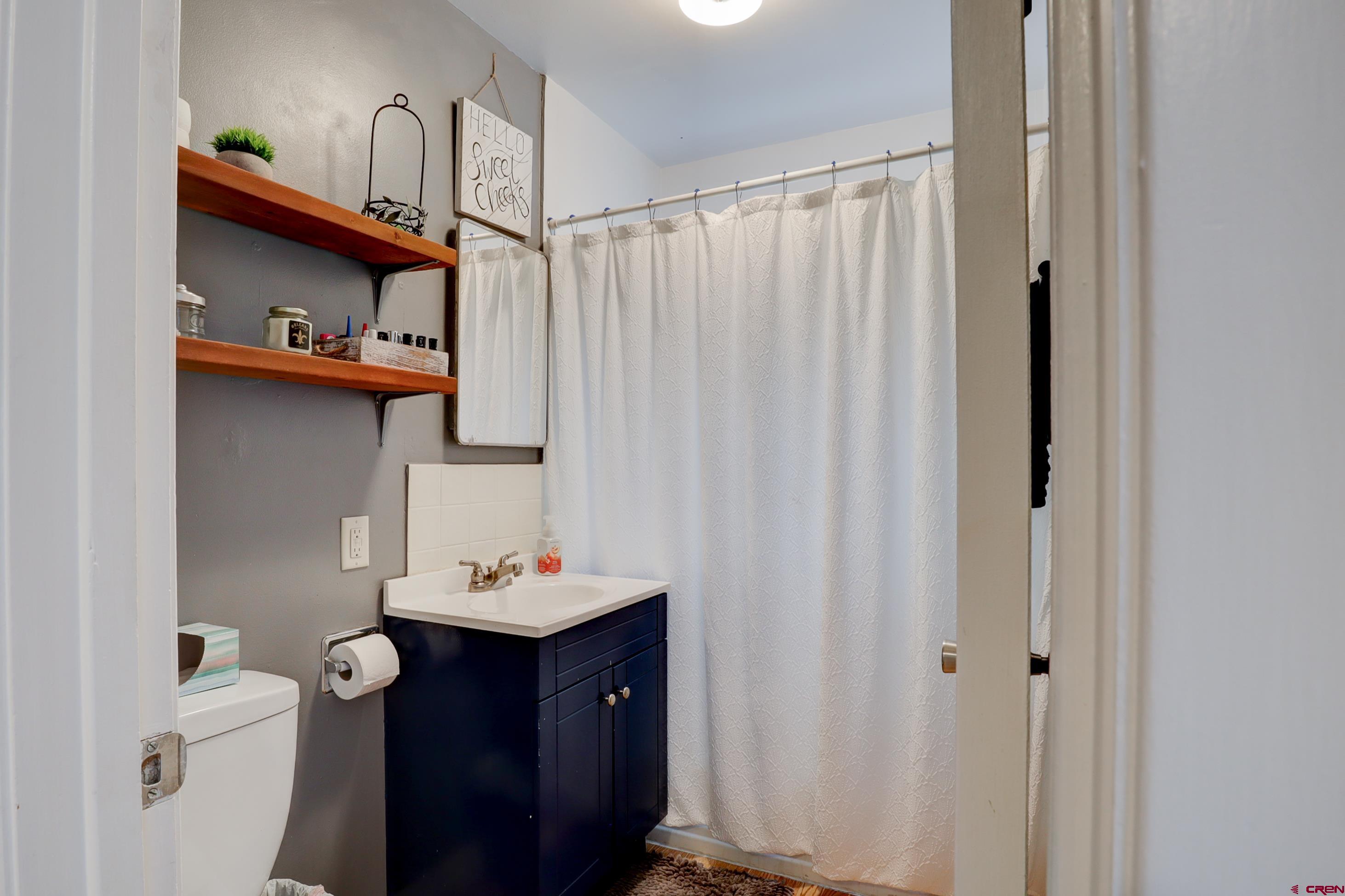 2019 Rolling Road Cortez, CO 81321 - Photo 12 of 35 a bathroom with a sink a toilet and shower curtain