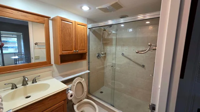 a bathroom with a shower sink vanity mirror and toilet
