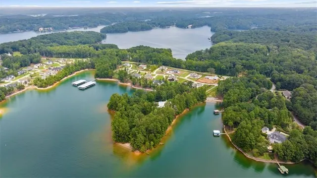 an aerial view of lake residential house with swimming pool and green space