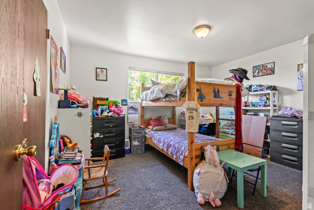 2475 West 200 North Provo, UT 84601 - Photo 10 of 16 Carpeted bedroom featuring a window, wood-finish door, and ceiling-mounted light fixture