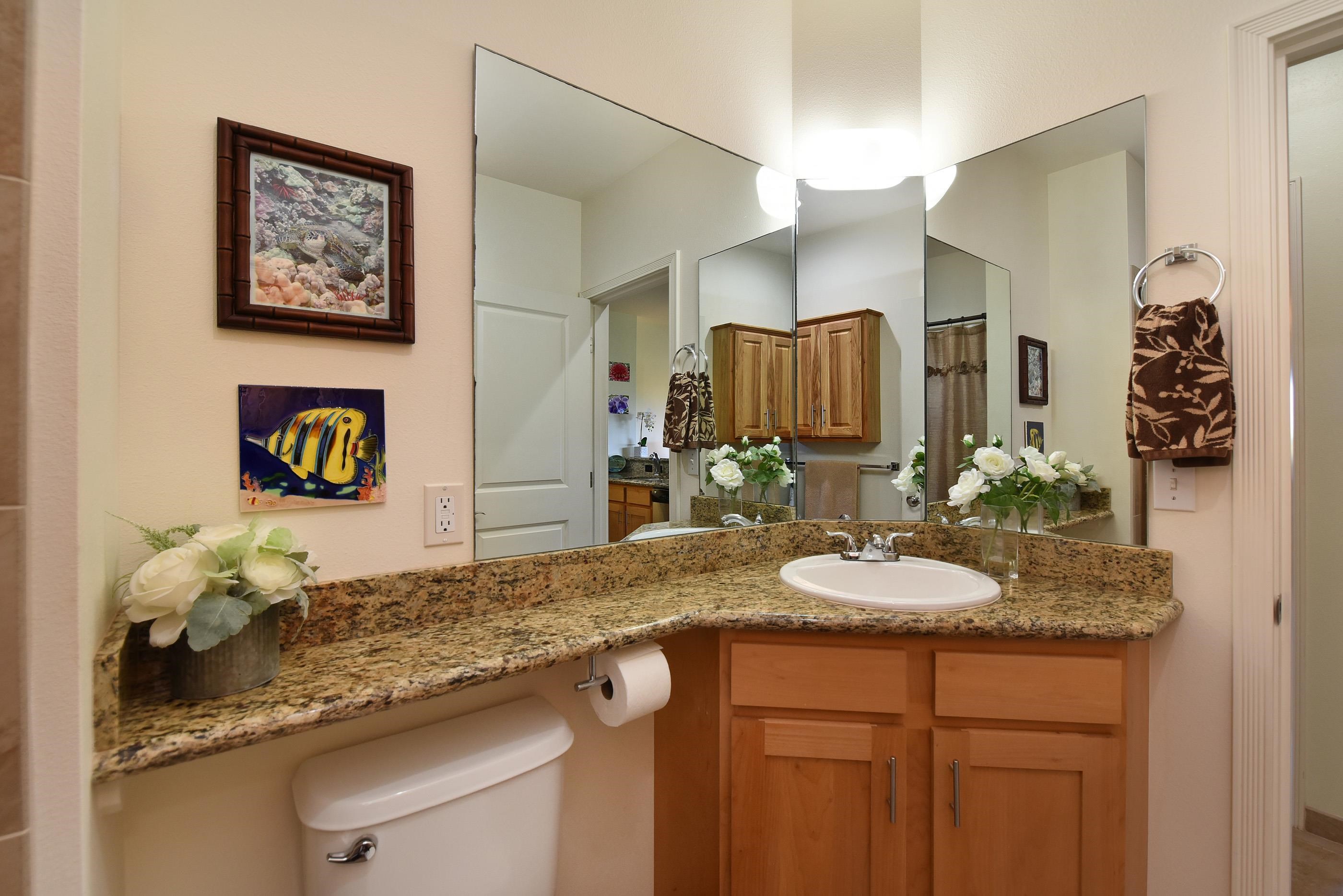 3708 Lower Honoapiilani Road, Unit E30 Lahaina, HI 96761 - Photo 20 of 30 a bathroom with a granite countertop sink and a mirror