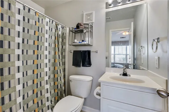 a bathroom with a sink toilet a mirror and shower curtain
