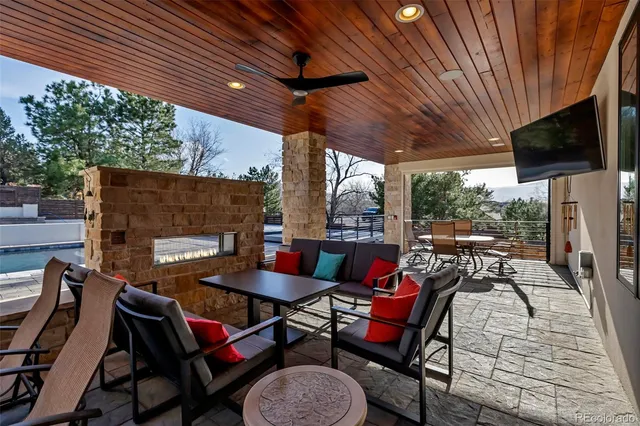 a building outdoor space with patio furniture