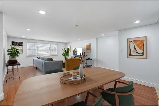 a view of a dining room with furniture