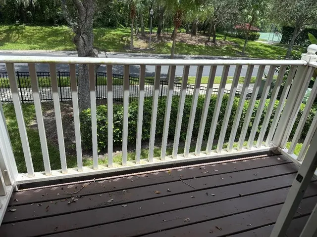 a view of a wooden balcony