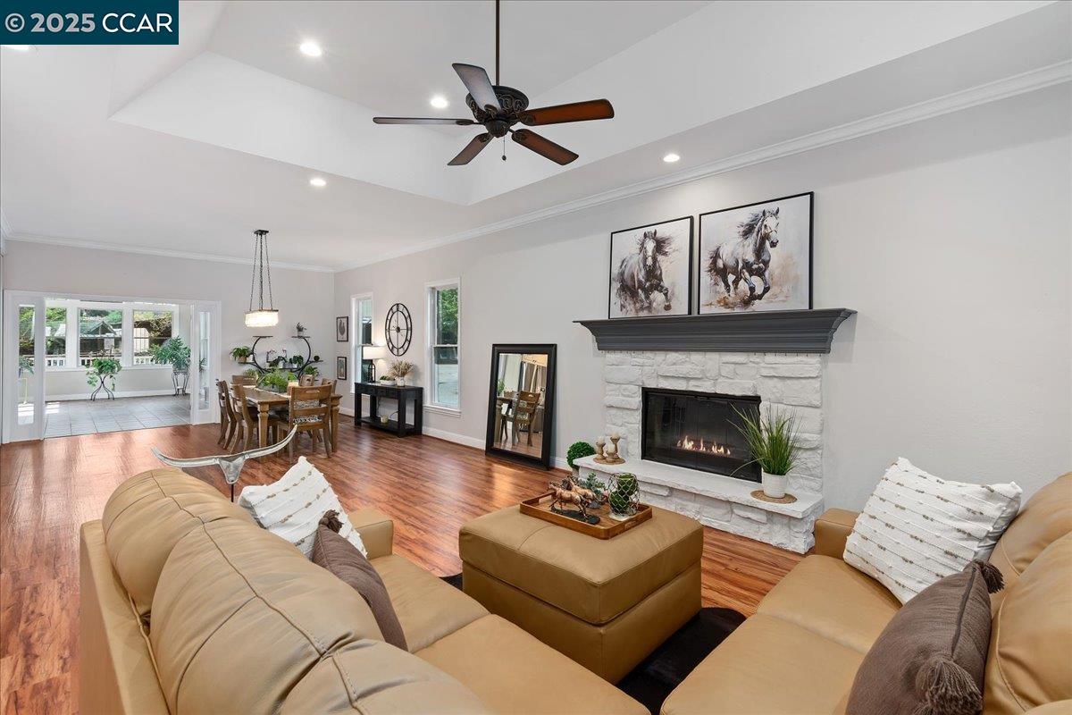 1101 North Gate Road Walnut Creek, CA 94598 - Photo 13 of 56 a living room with furniture a fireplace and a ceiling fan