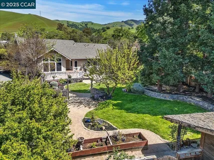 a view of a small yard in front of a house with a large tree and wooden fence