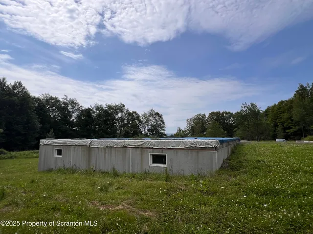 a view of a swimming pool and mountains in the background