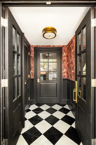 a view of a dining room with furniture