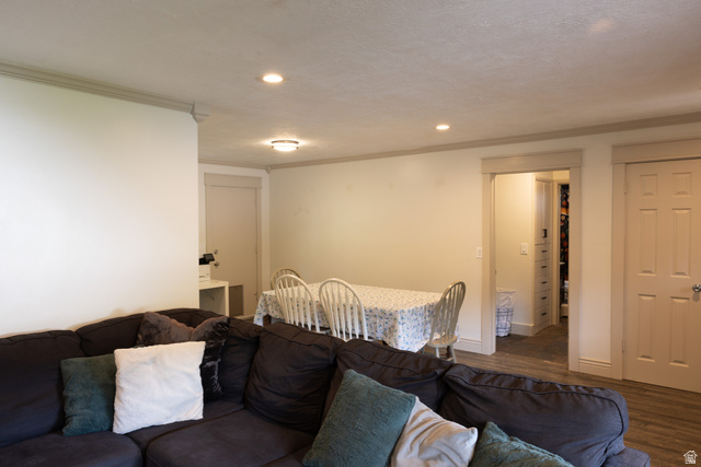 827 South 600 East Logan, UT 84321 - Photo 14 of 30 Open concept living area with recessed lighting, crown molding, a dining space, wood-finish flooring, and a paneled interior door