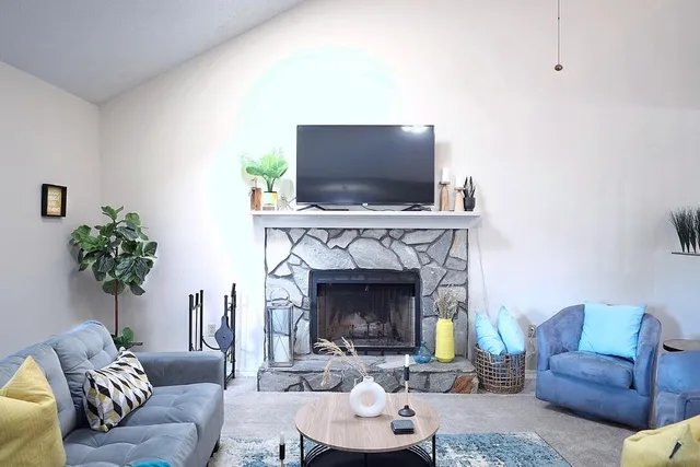 a living room with furniture a flat screen tv and a fireplace