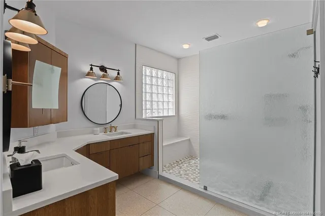 a bathroom with a sink mirror vanity and a shower
