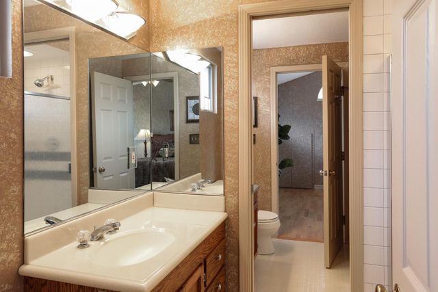 a bathroom with a sink a toilet and shower