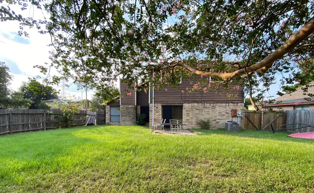 a view of a yard with a large tree