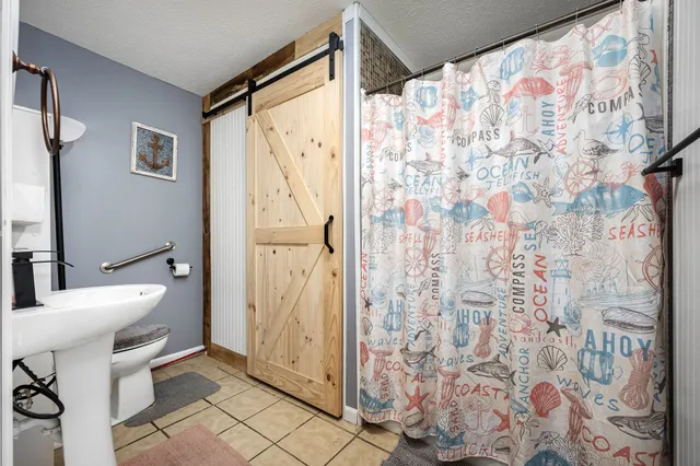 a bathroom with a toilet sink and mirror
