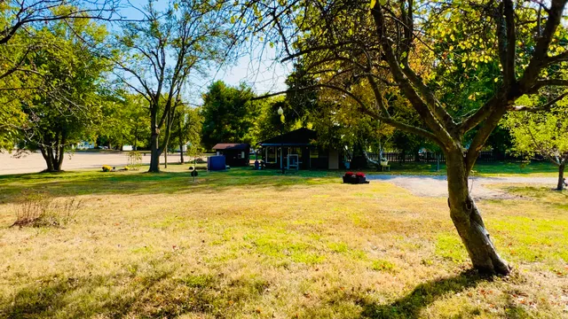 a view of a swimming pool with a lawn chairs and trees