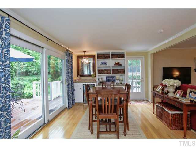 220 Bayleaf Drive Raleigh, NC 27615 - Photo 6 of 25 The sunroom even has a wet bar with a wine cooler and beautiful built in shelving. The sliding doors lead out to the deck to create even more entertaining space. Sun Room