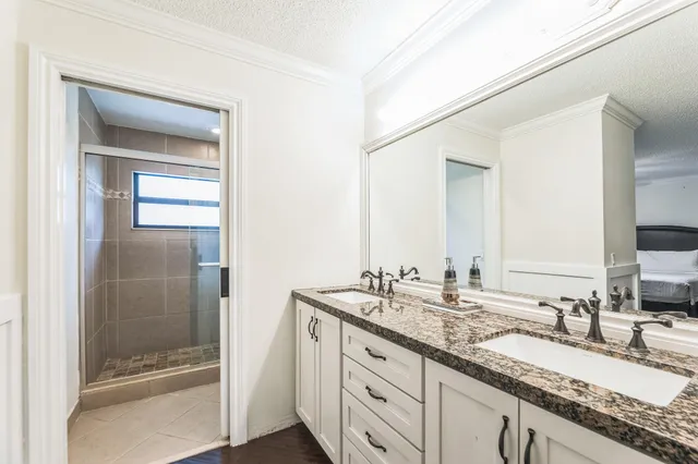 a bathroom with a granite countertop double vanity sink and mirror