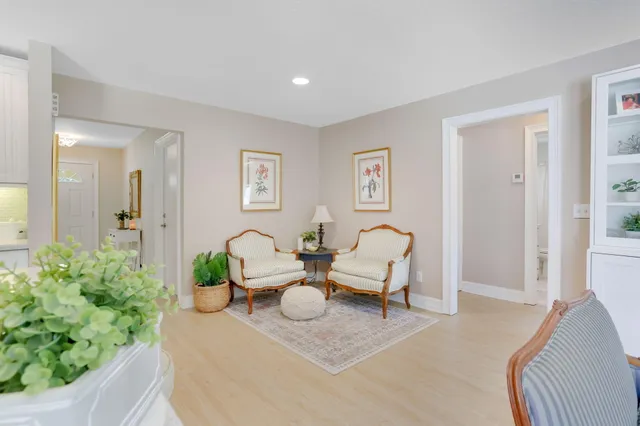 a living room with furniture and a potted plant