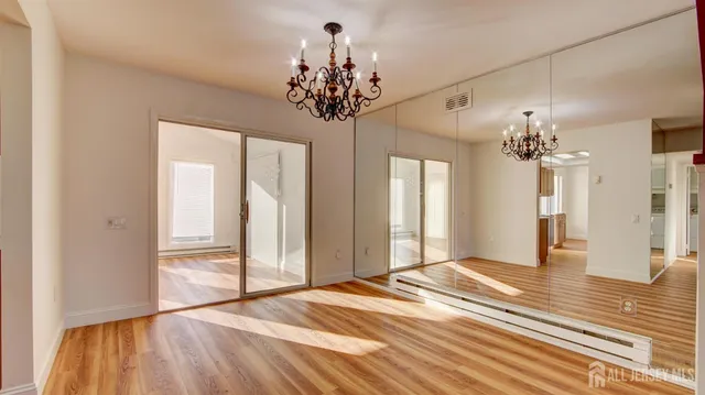 a view of a chandelier in a room