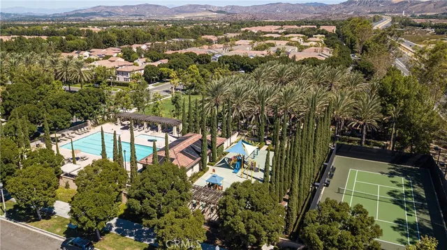 a view of a park with big trees