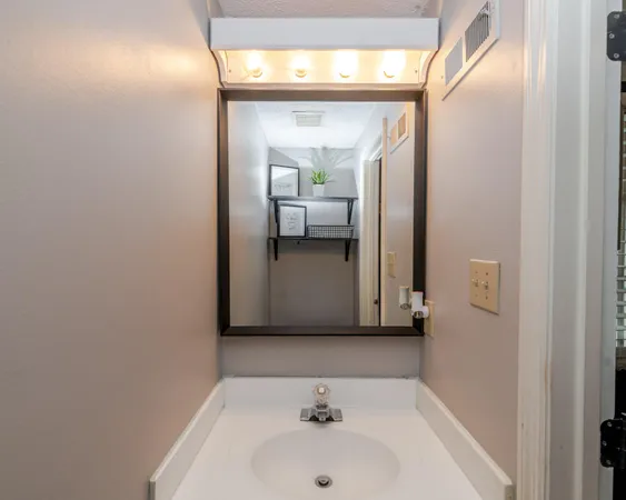 a bathroom with a sink and a mirror